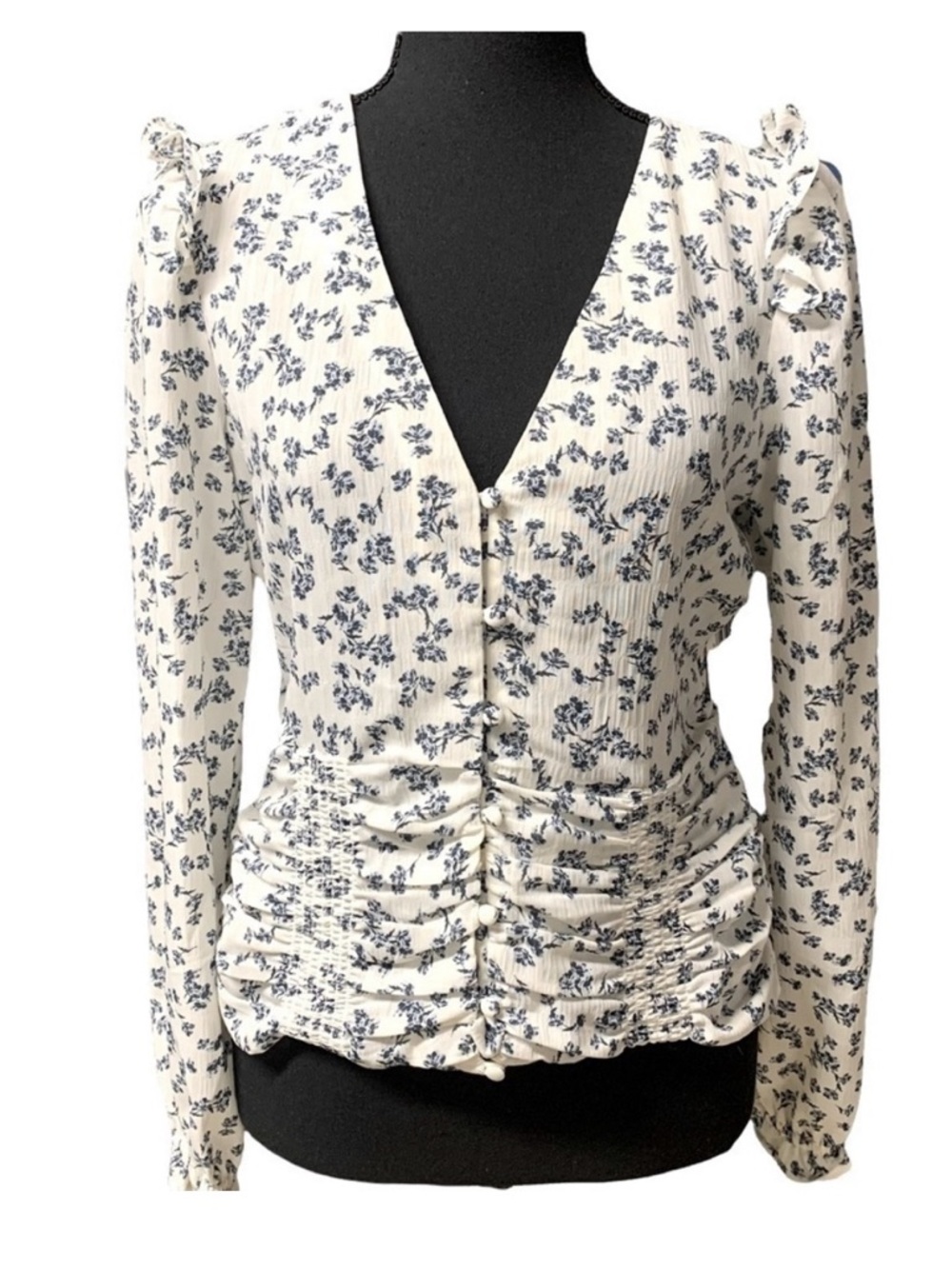 1. State Cream Floral Ruched V-Neck Long Sleeve Sweater